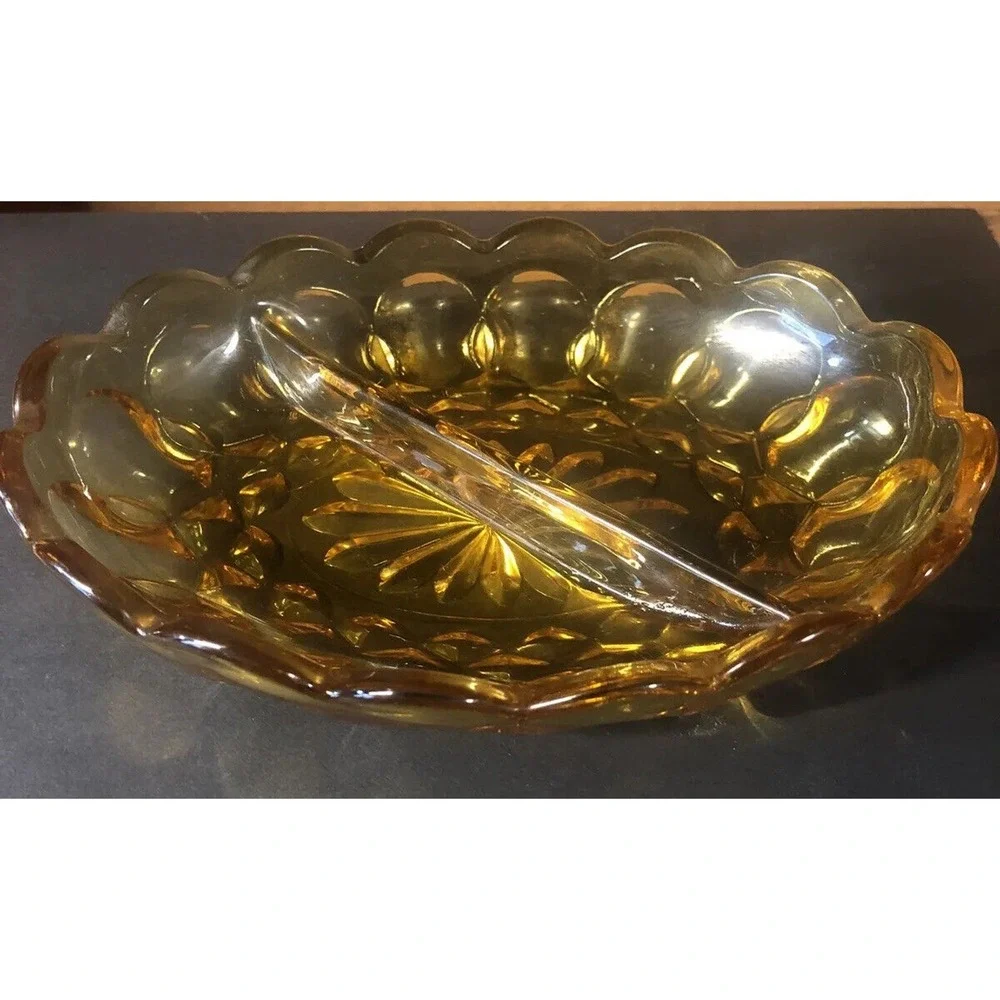 Amber Glass Anchor Hocking Fairfield Divided Oval Relish Dish Candy Nut Bowl VTG